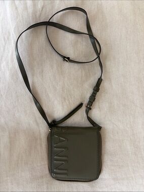Ganni Olive Green Embossed Leather Crossbody Wallet